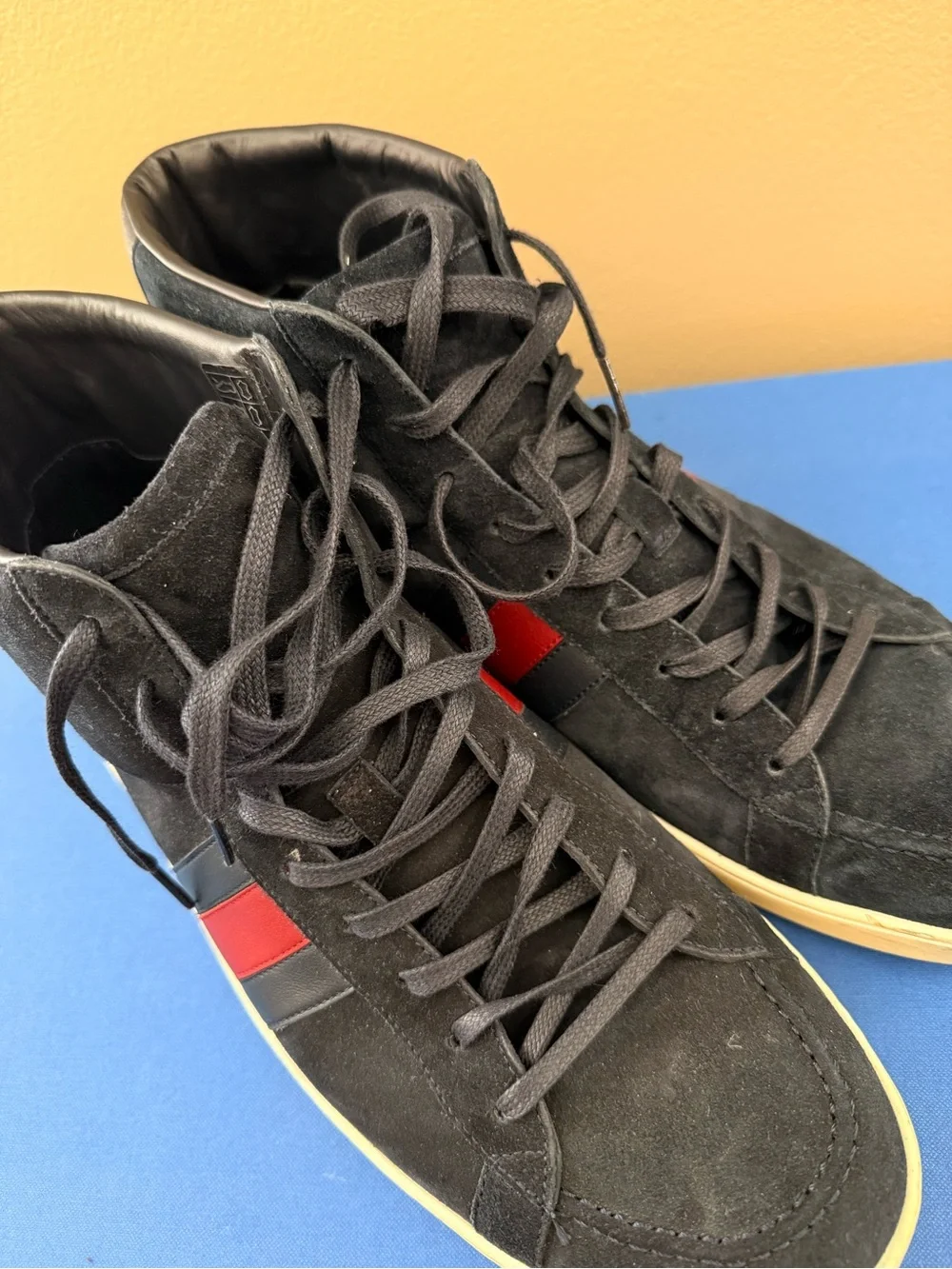 Gucci Blue Suede Web High-Top Sneakers with Red Accent